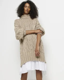 River Island Beige cable knit mini jumper shirt dress< Dresses