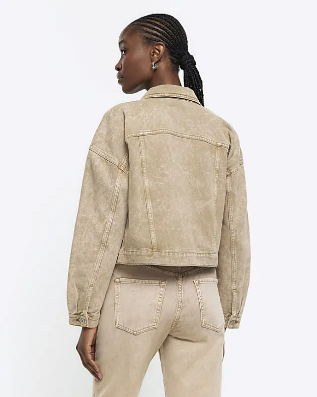 River Island Beige cropped denim jacket< Coats & Jackets