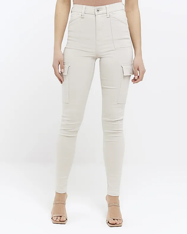 River Island Beige high waisted skinny cargo jeans< Jeans
