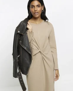 River Island Beige knot long sleeve t-shirt midi dress< Dresses