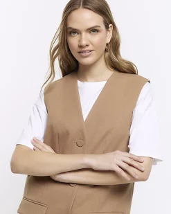 River Island Beige longline button up waistcoat< Suits & Tailoring