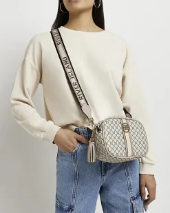 River Island Beige RI monogram print cross body bag< Bags, Purses & Luggage