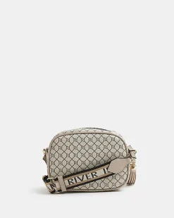 River Island Beige RI monogram print cross body bag< Bags, Purses & Luggage