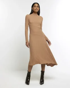 River Island Beige rib asymmetric bodycon midi dress< Dresses