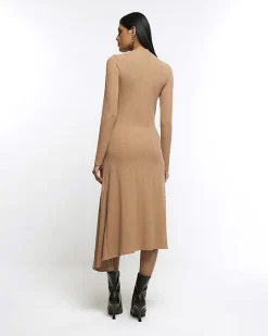 River Island Beige rib asymmetric bodycon midi dress< Dresses
