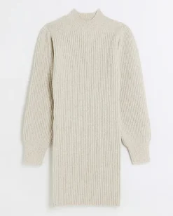 River Island Beige rib puff sleeve jumper mini dress< Dresses