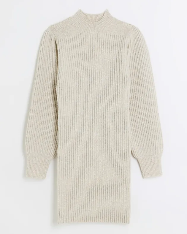River Island Beige rib puff sleeve jumper mini dress< Dresses