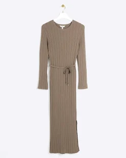 River Island Beige rib tie waist jumper maxi dress< Dresses