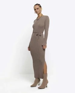 River Island Beige rib tie waist jumper maxi dress< Dresses