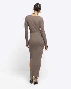 River Island Beige rib tie waist jumper maxi dress< Dresses