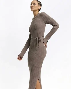 River Island Beige rib tie waist jumper maxi dress< Dresses
