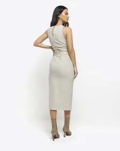 River Island Beige ruched split bodycon midi dress< Dresses