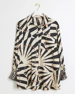 River Island Beige satin stripe oversized shirt< Co-ord Sets