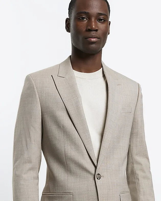 River Island Beige slim fit wool blend suit jacket< Suits