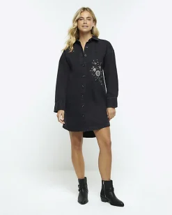 River Island Black denim embellished mini shirt dress< Dresses