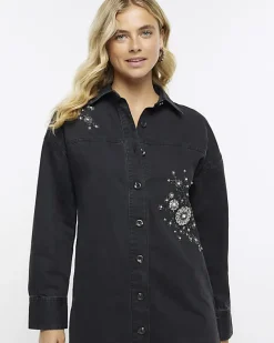 River Island Black denim embellished mini shirt dress< Dresses