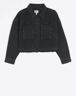River Island diamante crop denim jacket< Coats & Jackets
