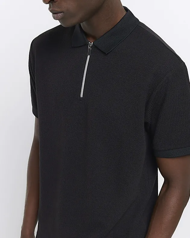 River Island regular fit smart texture zip neck polo< Polo Shirts