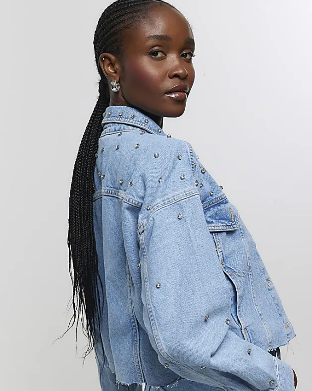 River Island embellished crop denim jacket< Coats & Jackets