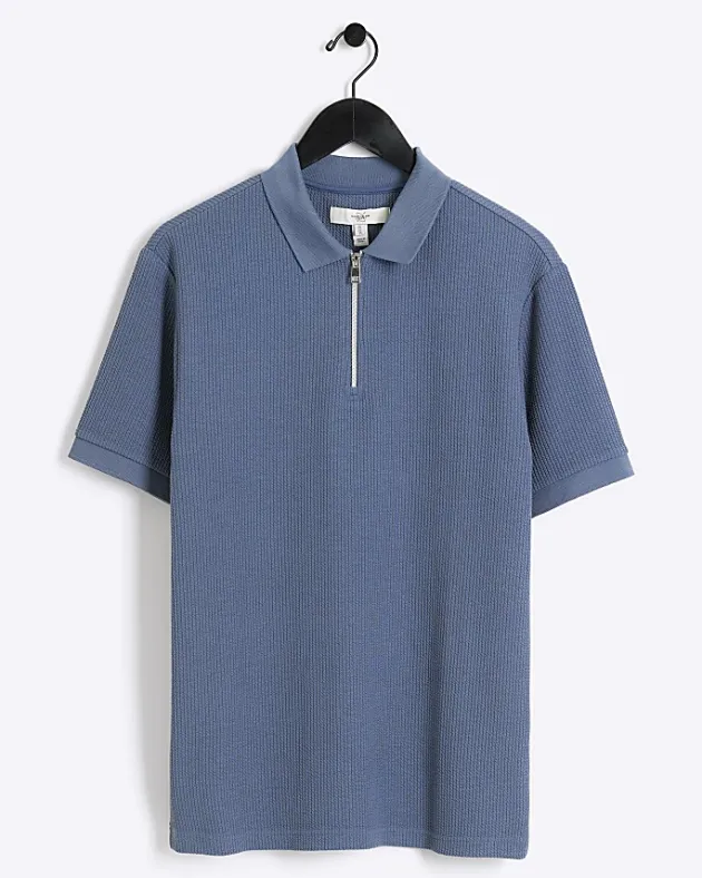 River Island Regular Fit Textured Zip Neck Polo< Polo Shirts