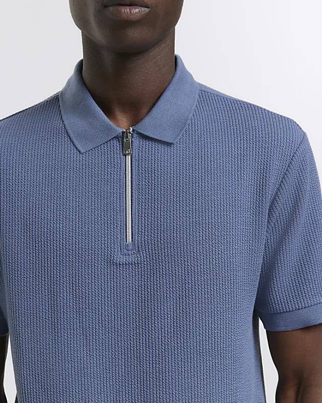 River Island Regular Fit Textured Zip Neck Polo< Polo Shirts
