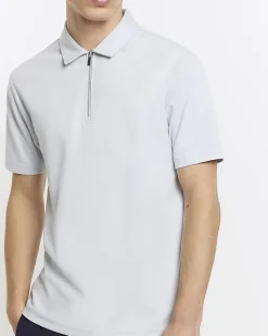 River Island slim fit herringbone zip polo shirt< Polo Shirts