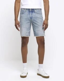 River Island straight fit raw hem denim shorts< Shorts