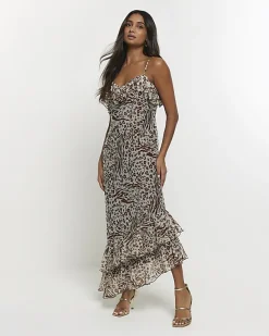 River Island animal print frill slip maxi dress< Dresses