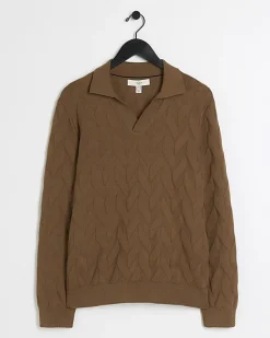 River Island slim fit textured knit long sleeve polo< Polo Shirts