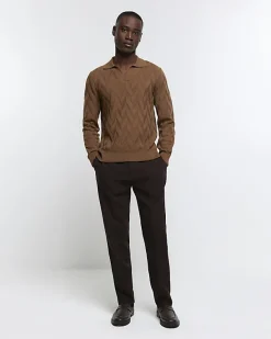 River Island slim fit textured knit long sleeve polo< Polo Shirts