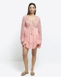 River Island Coral broderie plunge beach mini dress< Swimwear & Beachwear