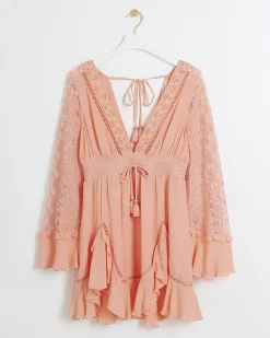 River Island Coral broderie plunge beach mini dress< Swimwear & Beachwear