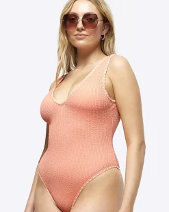 River Island Coral crinkle Whipstitch Swimsuit< Swimwear & Beachwear