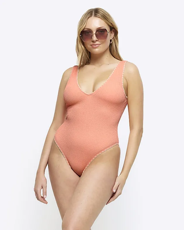 River Island Coral crinkle Whipstitch Swimsuit< Swimwear & Beachwear