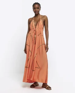 River Island Coral embellished plunge beach maxi dress< Swimwear & Beachwear