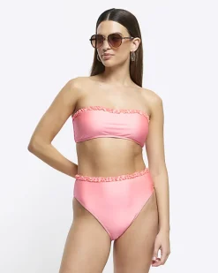 River Island Coral frill bandeau bikini top< Swimwear & Beachwear