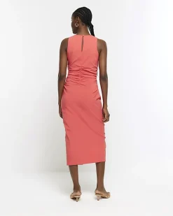 River Island Coral ruched split bodycon midi dress< Dresses