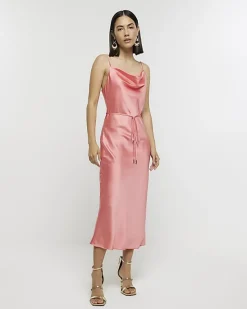 River Island Coral satin cowl neck slip midi dress< Dresses