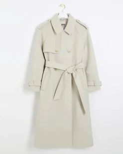 River Island Cream belted longline trench coat< Coats & Jackets
