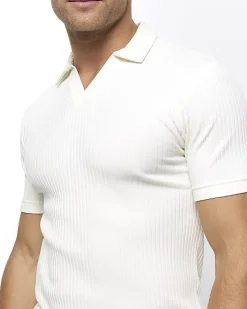 River Island Ecru muscle fit rib open collar polo< Polo Shirts