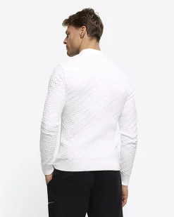 River Island Ecru muscle fit zig zag knit polo< Polo Shirts