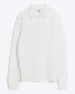 River Island Ecru muscle fit zig zag knit polo< Polo Shirts