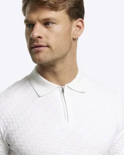 River Island Ecru muscle fit zig zag knit polo< Polo Shirts