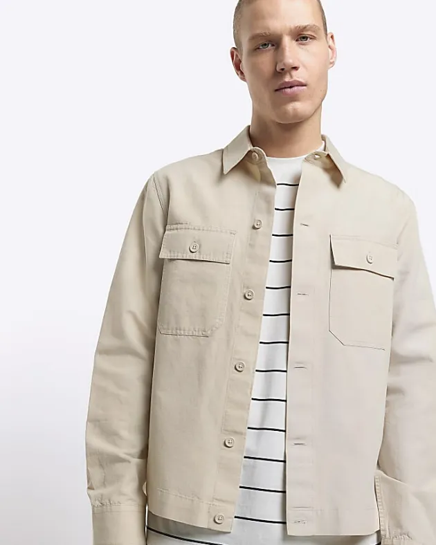 River Island Ecru regular fit linen blend smart overshirt< Shirts