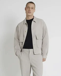 River Island Ecru regular fit plisse harrington jacket< Matching Sets