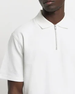 River Island Ecru regular fit textured half zip polo< Polo Shirts
