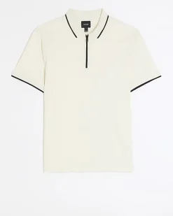 River Island Ecru slim fit taped collar polo< Polo Shirts