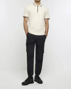 River Island Ecru slim fit taped collar polo< Polo Shirts