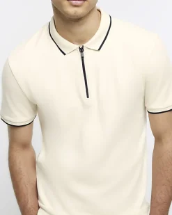 River Island Ecru slim fit taped collar polo< Polo Shirts