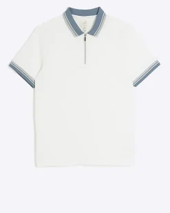 River Island Ecru slim fit taped half zip polo< Polo Shirts